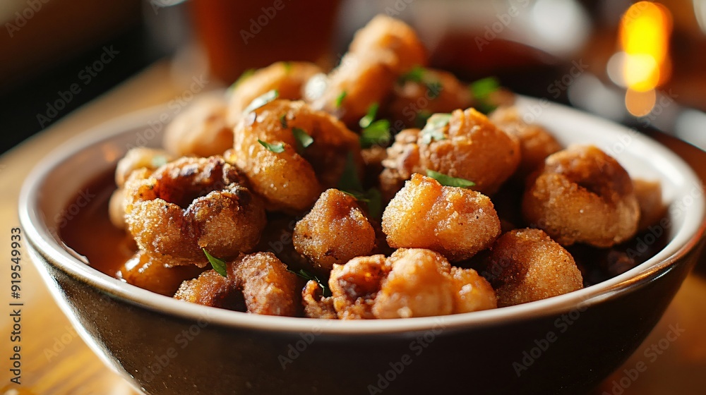 Close-up of Fried Mushrooms with Sauce on Table Close-up of Fried Mushrooms with Sauce on Table