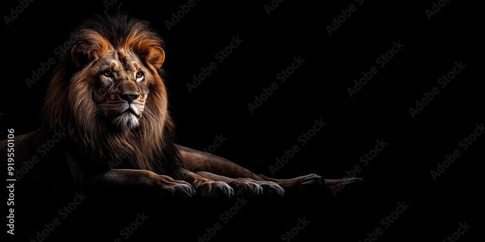 Fototapeta premium Photo of a lion isolated against a black background, emphasising the lion's majestic features. Wildlife and conservation concept, space for copy.