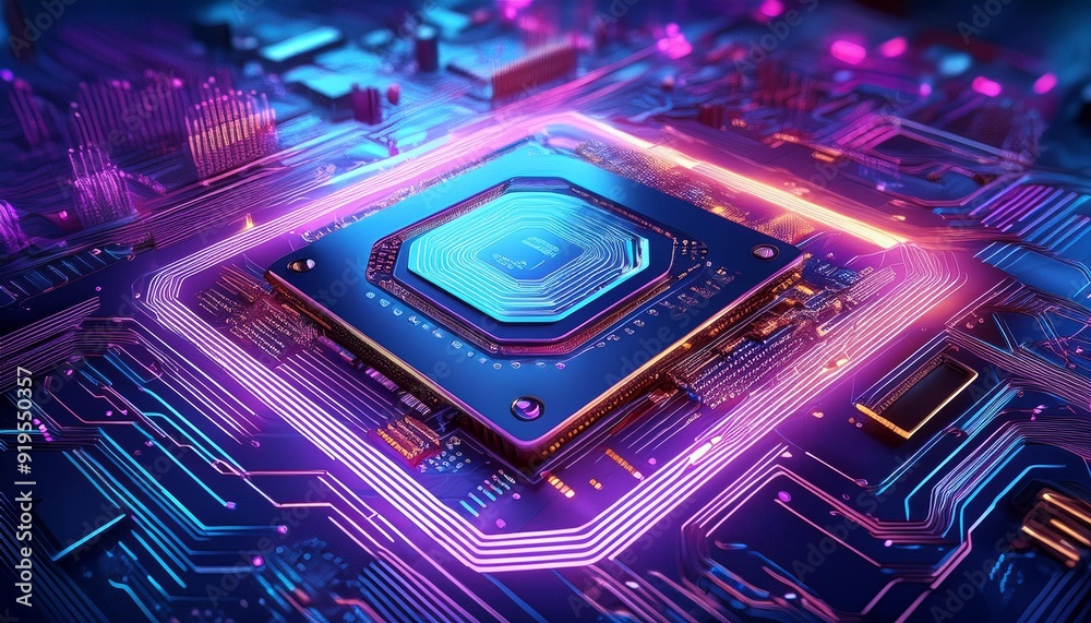 futuristic closeup of an advanced cpu on a sleek circuit board intricate neon pathways glowing components and holographic displays cyberpunk aesthetic with cool blue and purple tones futuristic closeup of an advanced cpu on a sleek circuit board intricate neon pathways glowing components and holographic displays cyberpunk aesthetic with cool blue and purple tones