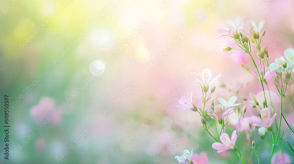 summer flowers on Blurred background with soft pastel colors, bokeh effect, pink green yellow white