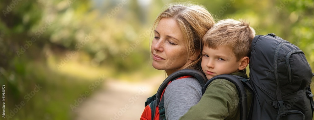Typical student with rucksack and mother in front of a school Typical student with rucksack and mother in front of a school