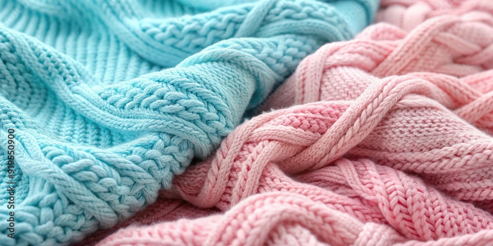 Close-up shot of intertwined pink and light blue knitted fabrics with soft textures and intricate patterns , delicate Close-up shot of intertwined pink and light blue knitted fabrics with soft textures and intricate patterns , delicate