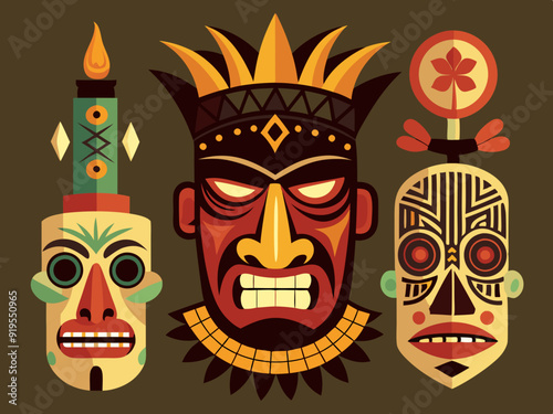 Ethnic masks. Tiki totem, voodoo african tribal head. Zulu traditional god, hawaiian indigenous vintage tattoo ritual polynesian face black vector set
