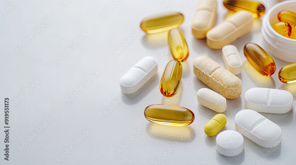 Assorted dietary supplements and vitamins on a white surface for health and wellness concepts. Assorted dietary supplements and vitamins on a white surface for health and wellness concepts.