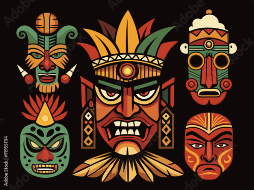 Ethnic masks. Tiki totem, voodoo african tribal head. Zulu traditional god, hawaiian indigenous vintage tattoo ritual polynesian face black vector set
