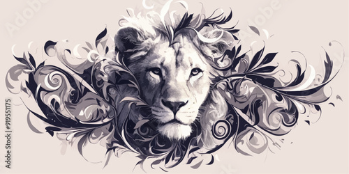 Black Symmetric Lion Tattoo - Vector Design on White Background