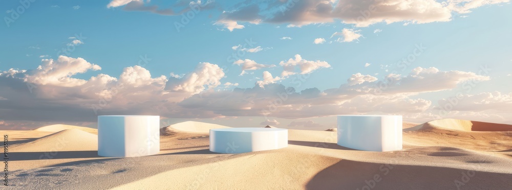 Fototapeta premium 3D product podiums set against desert dunes.