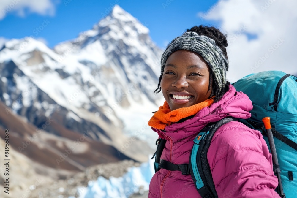 Smiling woman trekking with backpack, snowy peak behind. Smiling woman trekking with backpack, snowy peak behind.