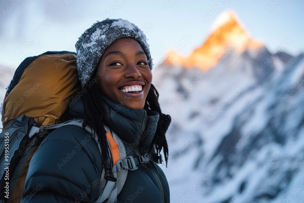 Woman in grey jacket with snowy mountain behind smiles.