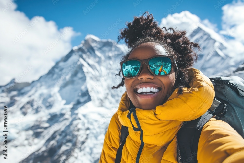 Person in yellow jacket with mountainous background view Person in yellow jacket with mountainous background view