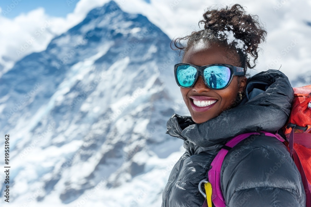 Hiker in black coat posing against snowy mountain. Hiker in black coat posing against snowy mountain.