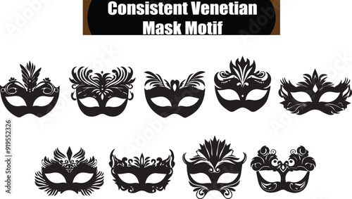 Consistent Venetian Mask Motif Outline Silhouette Graphics Collection