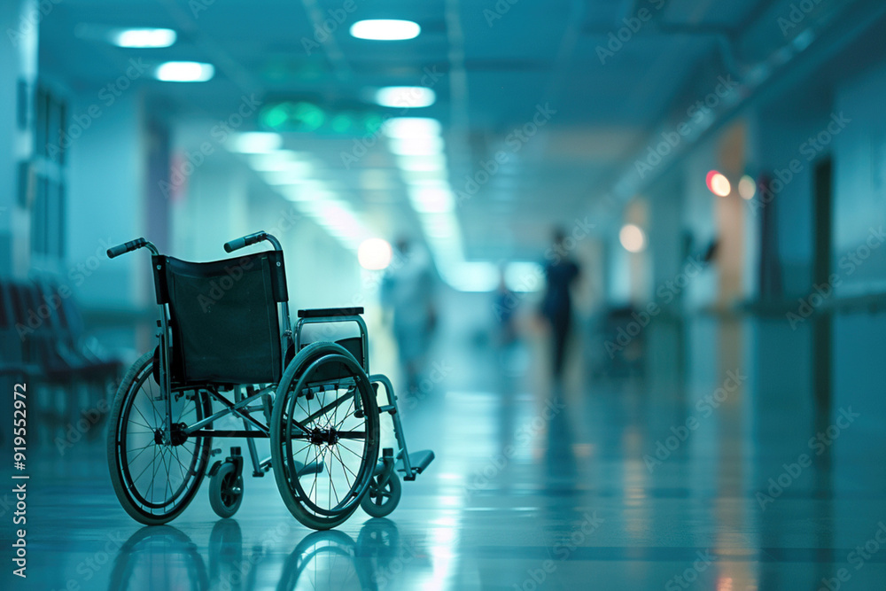 Empty wheelchair in indoor hospital corridor. Recovery, disability, support care medical mobility health service in lobby concept