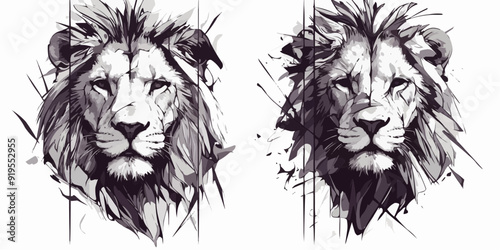 Symmetric Lion Tattoo Vector on White Background