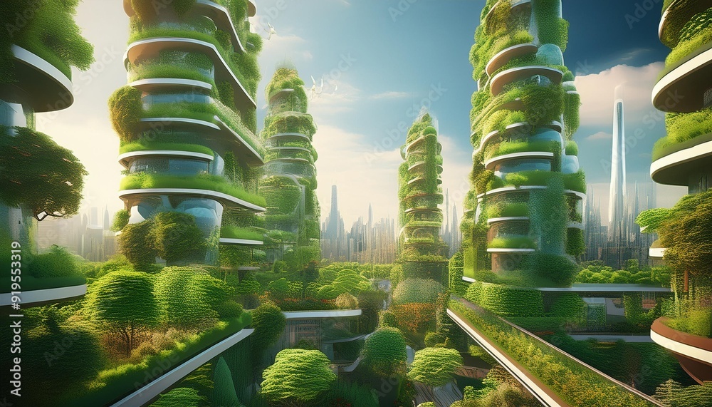 futuristic green cityscape with towering vertical gardens sustainable ...