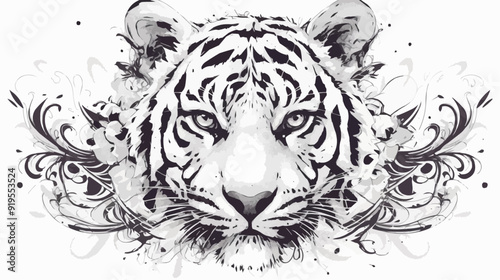 Black Symmetric Tiger Tattoo - Vector Design on White Background