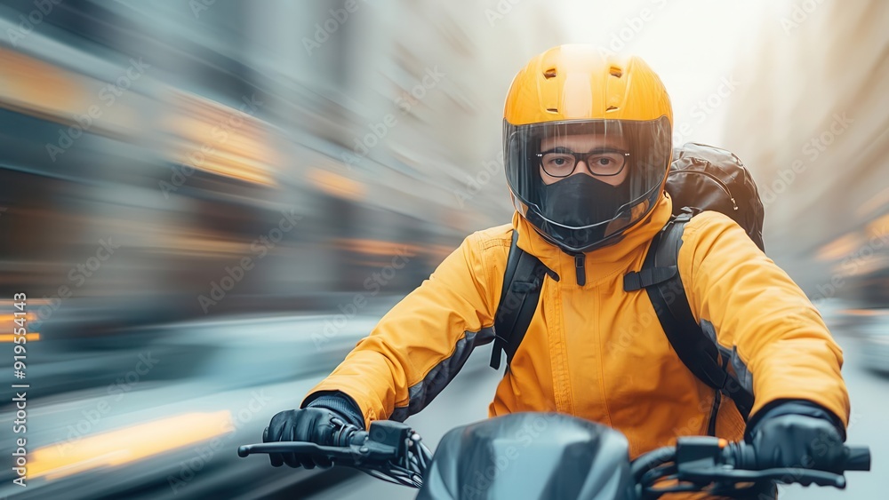 Naklejka premium A delivery rider in a vibrant yellow jacket and helmet speeds through a city, showcasing dynamic urban life and fast deliveries.