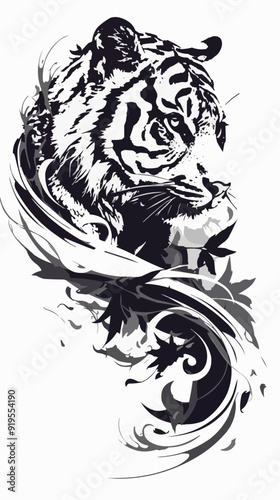 A striking black vector design featuring a symmetric tiger tattoo on a clean white background. 