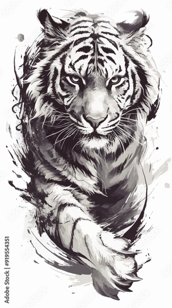 A striking black vector design featuring a symmetric tiger tattoo on a clean white background. A striking black vector design featuring a symmetric tiger tattoo on a clean white background.