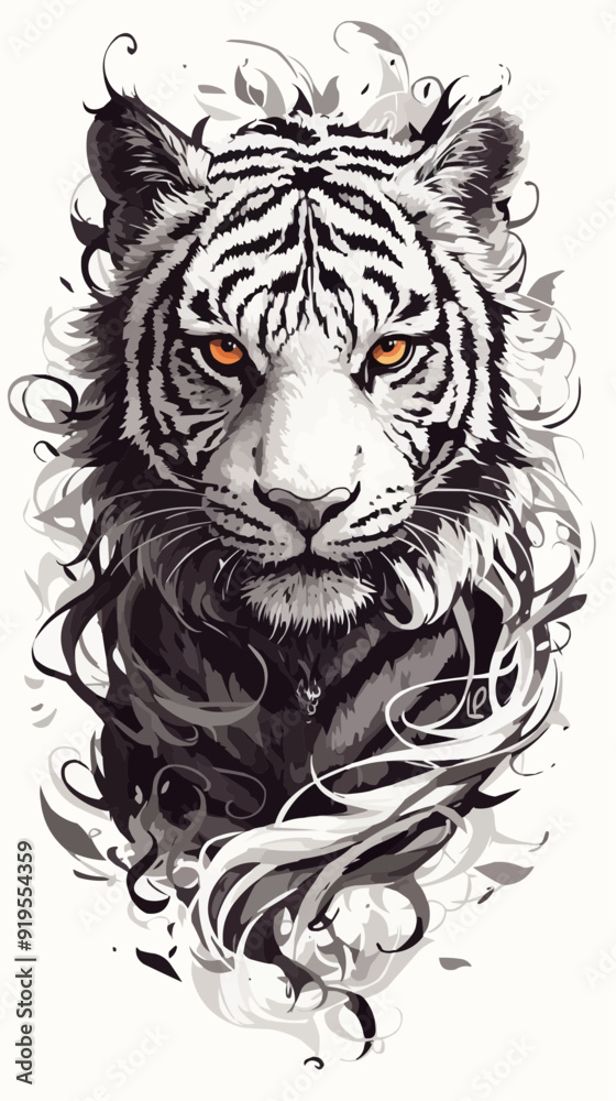 A striking black vector design featuring a symmetric tiger tattoo on a clean white background. A striking black vector design featuring a symmetric tiger tattoo on a clean white background.