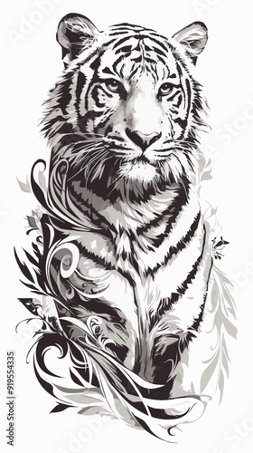 A striking black vector design featuring a symmetric tiger tattoo on a clean white background. 