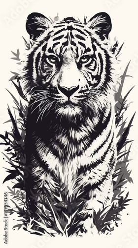 A striking black vector design featuring a symmetric tiger tattoo on a clean white background.  photo