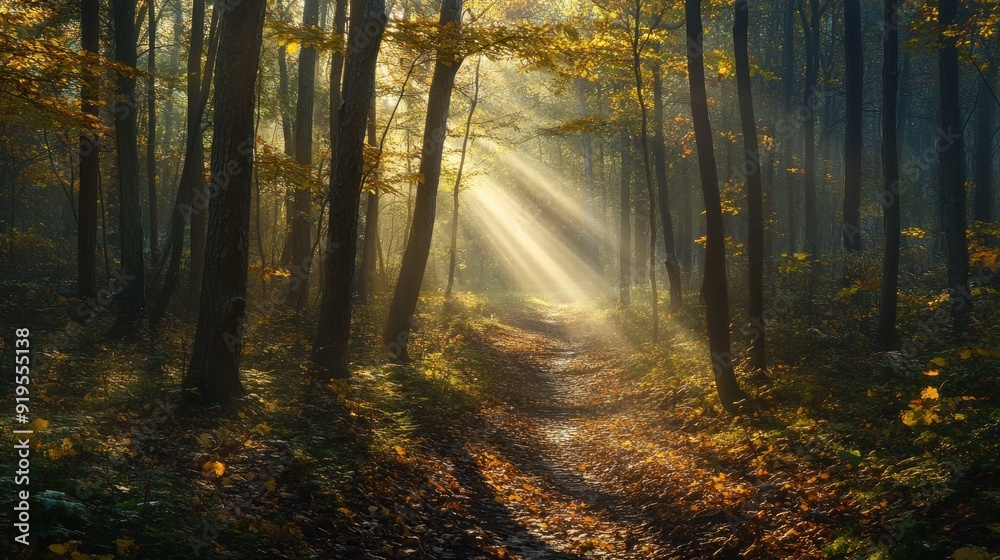Obraz premium Sunbeams Illuminating a Misty Forest Path