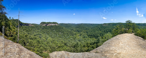 Rock formations on the foreground and background in the hiking area Red River Gorge in Central Kentucky photo