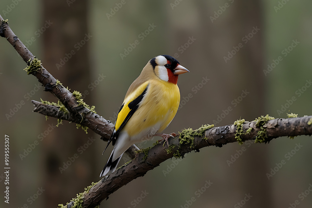 Cute male of goldfinch lugano bird with yellow plumage sitting on thin leafless twig in forest Cute male of goldfinch lugano bird with yellow plumage sitting on thin leafless twig in forest