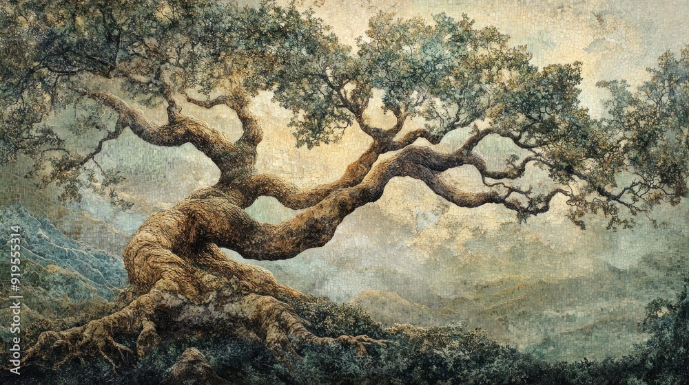 A Twisted Old Tree Overlooking a Mountainous Landscape A Twisted Old Tree Overlooking a Mountainous Landscape