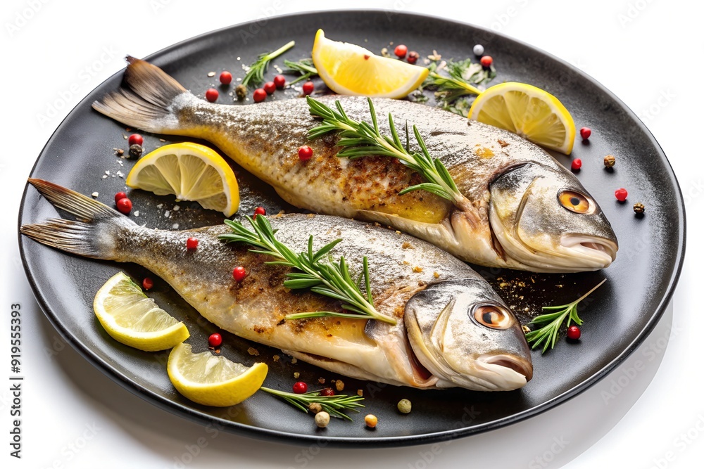 dorado fish, 2 pieces, baked, sprinkled with spices, beautifully served on a plate, black, white background
dorado fish, 2 pieces, baked, sprinkled with spices, beautifully served on a plate, black, white background