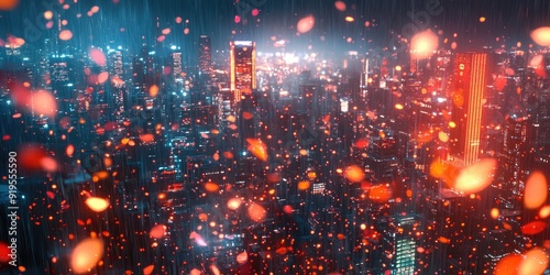 Nighttime View of a City with Rain and Red Lights