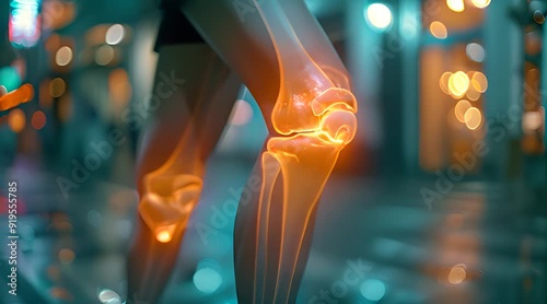 A close-up view of a human knee joint, showing the bones, muscles, and ligaments.