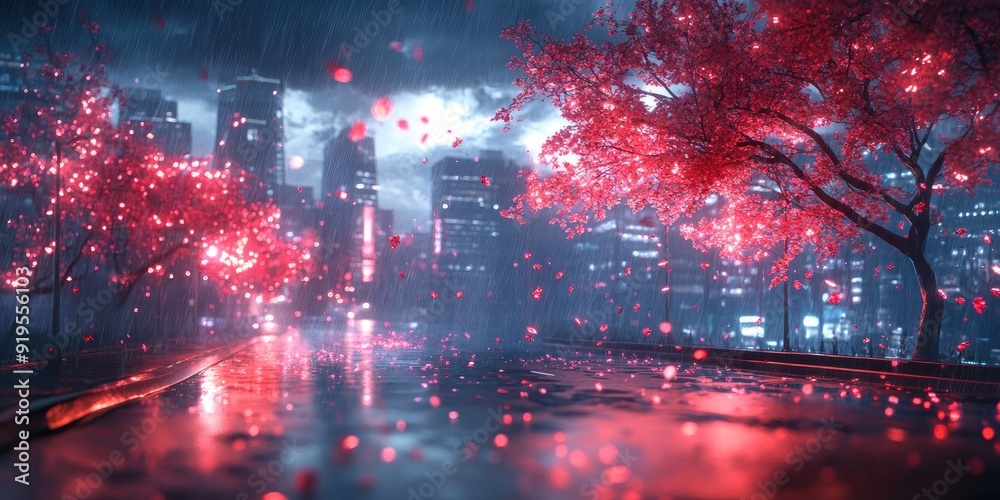 Obraz premium Cherry Blossoms Falling in a Rainy Cityscape