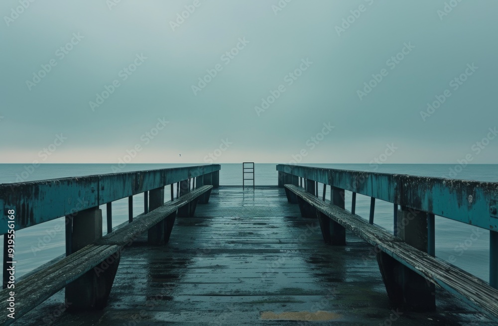 Fototapeta premium A desolate pier extending into the misty expanse of the ocean, creating a reflective and contemplative mood with its muted tones and empty space.