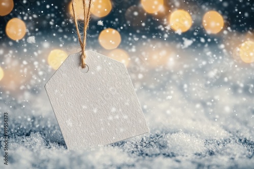A pristine white price tag rests on a snowy surface, surrounded by falling snowflakes and shimmering bokeh lights