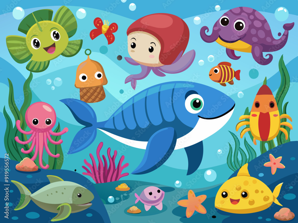 Sea life. Cartoon ocean underwater animals. Cute water fish, sea horse, crab, shark, dolphin, turtle, happy jellyfish. Marine wildlife creatures. Kids vector illustration.
Sea life. Cartoon ocean underwater animals. Cute water fish, sea horse, crab, shark, dolphin, turtle, happy jellyfish. Marine wildlife creatures. Kids vector illustration.