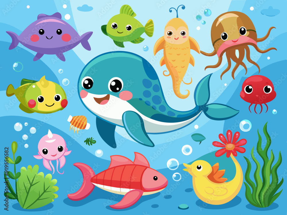 Sea life. Cartoon ocean underwater animals. Cute water fish, sea horse, crab, shark, dolphin, turtle, happy jellyfish. Marine wildlife creatures. Kids vector illustration.
Sea life. Cartoon ocean underwater animals. Cute water fish, sea horse, crab, shark, dolphin, turtle, happy jellyfish. Marine wildlife creatures. Kids vector illustration.