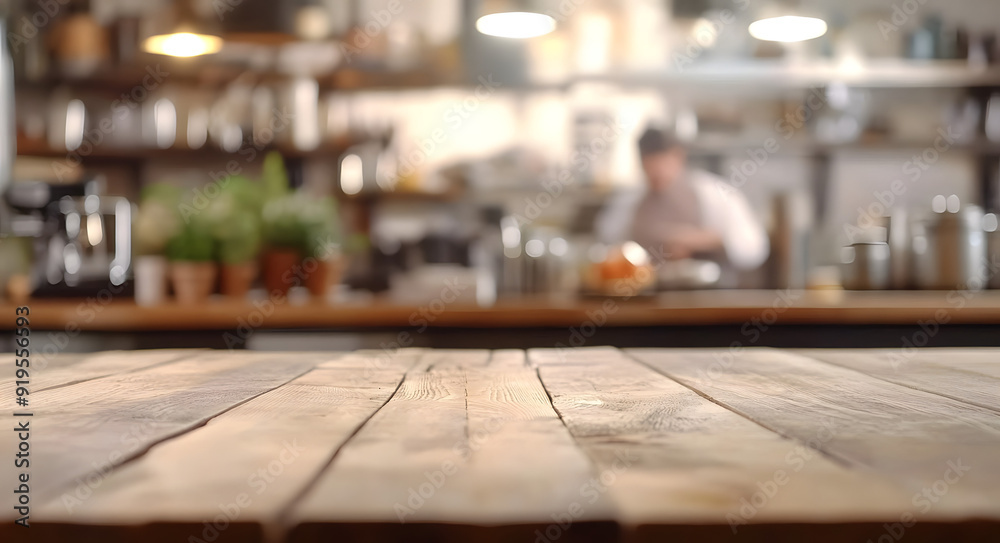 Blurred Background of a Restaurant Interior with a Wooden Table in Focus Blurred Background of a Restaurant Interior with a Wooden Table in Focus