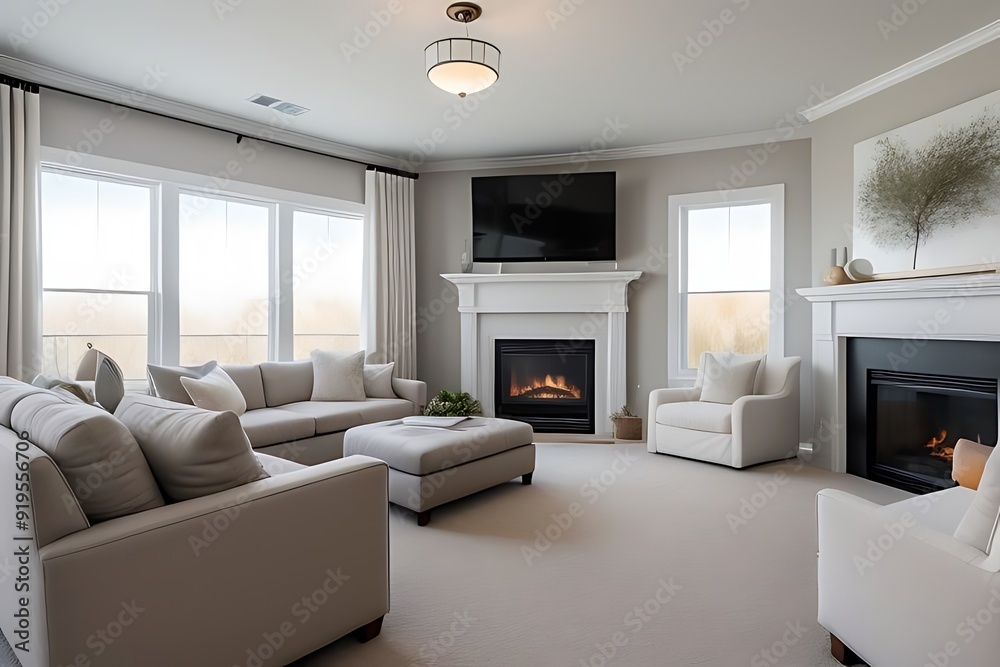 Living room with white furniture and olive accents.