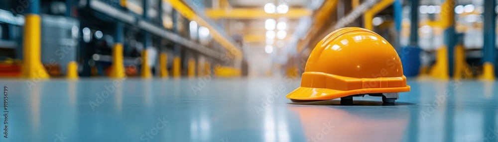 A bright yellow safety helmet resting on the floor in a large industrial warehouse, showcasing a commitment to workplace safety. A bright yellow safety helmet resting on the floor in a large industrial warehouse, showcasing a commitment to workplace safety.