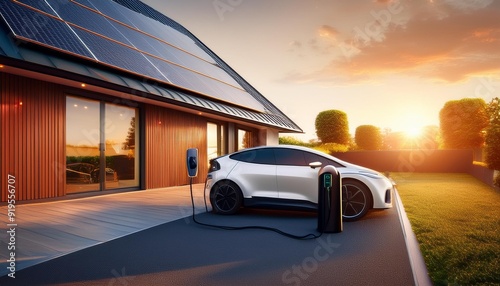 futuristic residential charging station sleek electric vehicle plugged into a stylish wallmounted charger modern ecofriendly home with solar panels in background bathed in soft evening light