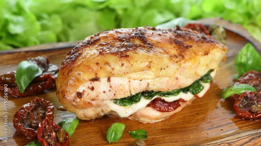 Baked chicken breast with a crispy crust, stuffed with spinach, sun-dried tomatoes and mozzarella, served on a wooden plate. Slow motion, left to right circular motion Baked chicken breast with a crispy crust, stuffed with spinach, sun-dried tomatoes and mozzarella, served on a wooden plate. Slow motion, left to right circular motion