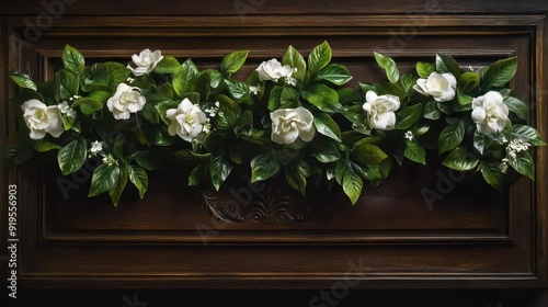 A dark oak coffin adorned with a garland of white gardenias photo