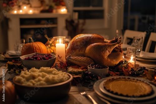 The dinner table features a golden turkey, seasonal sides, and candles, creating a warm atmosphere perfect for Thanksgiving festivities photo