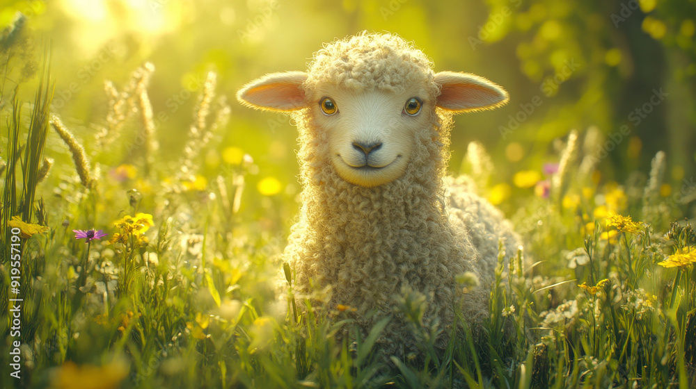 Obraz premium A cute lamb sits contentedly in a sunlit meadow surrounded by wildflowers, symbolizing the peacefulness and natural beauty of pastoral life.