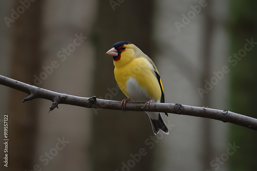 Cute male of goldfinch lugano bird with yellow plumage sitting on thin leafless twig in forest