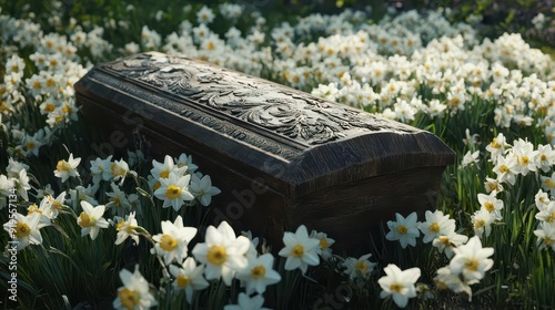 A handcarved wooden coffin surrounded by a sea of white daffodils photo