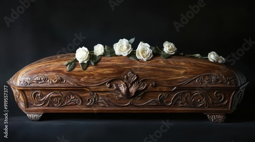 A handcarved wooden coffin with white roses placed delicately on top photo