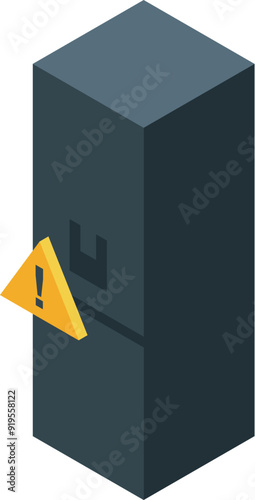 Broken fridge showing warning sign isometric icon, malfunction refrigerator